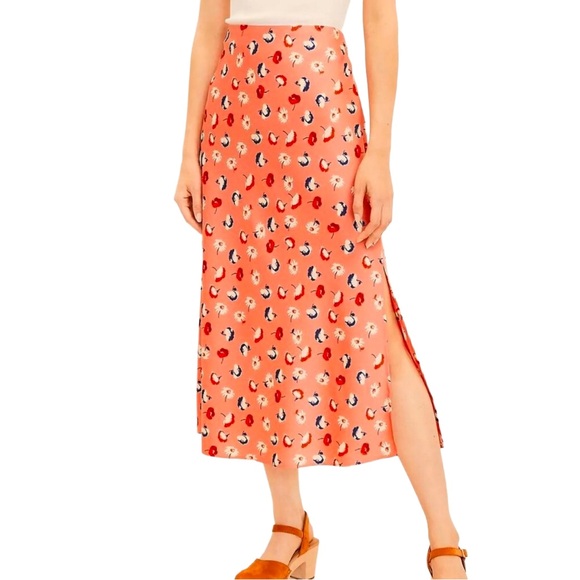 LOFT Dresses & Skirts - LOFT Daisy Floral Satin Midi Slip Skirt Coral Orange Side Slit NWT M